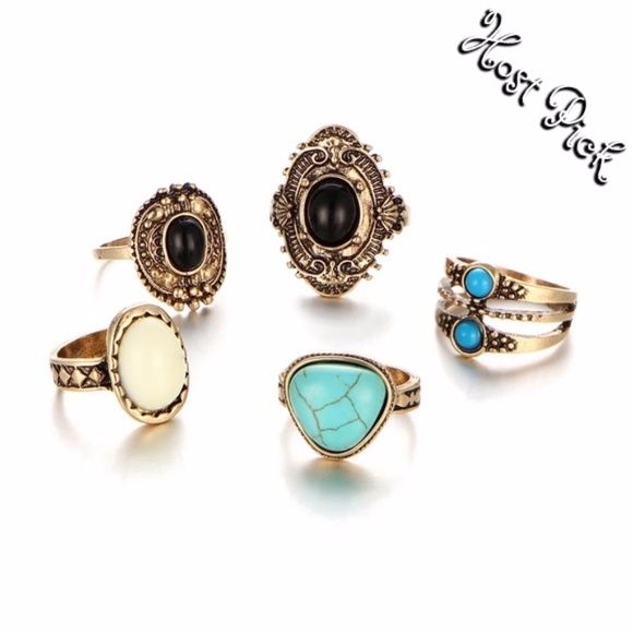Host Pick 5 Piece Bohemian Midi Ring Set Gold - Picture 1 of 7